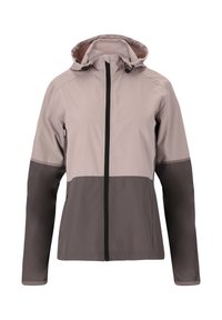 Letvægts, tofarvet jakke i lys grå og mørk grå med hætte, fuld lynlås foran og lange ærmer. Har forstærket syninger og ingen mønstre.