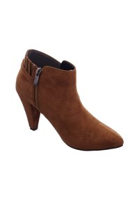 Braune Wildleder-Stiefeletten mit spitzem Zehenbereich und 7,5 cm hohem Stilettofen. Mit seitlichem Reißverschluss und glatter Innenauskleidung.