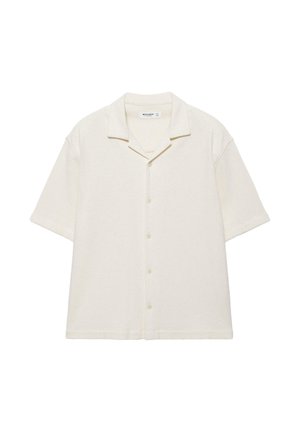 Koszula na krótki rękaw w kolorze kremowym z guzikami i kołnierzem kampowym oraz teksturowaną tkaniną, przedstawiona na białym tle.