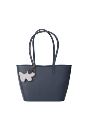 Navy blue leather tote bag with two long handles and a dog-shaped charm. The bag has a textured finish and a spacious, structured design.