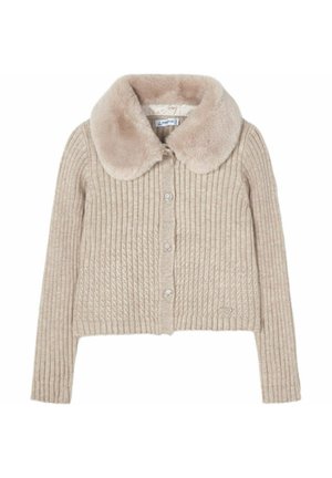 Cardigan in maglia beige con colletto in morbido pelliccia sintetica, caratterizzato da una texture a coste e chiusura con cinque bottoni. Design corto e cropped.