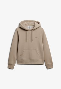 Felpa beige realizzata in tessuto morbido, con tasca a marsupio, cappuccio con cordino e logo ricamato sul petto. Presenta polsini e orlo a coste.