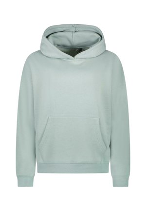 Lichtgroene hoodie gemaakt van zachte stof, met een grote vozak en een trekkoord capuchon, en ribgebreide manchetten en zoom.