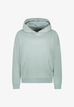 Lichtgroene hoodie gemaakt van zachte stof, met een grote vozak en een trekkoord capuchon, en ribgebreide manchetten en zoom.