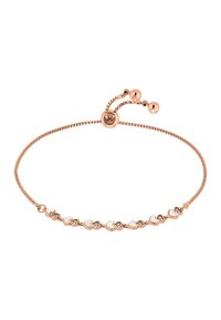 Verstellbares Armband mit roségoldener Oberfläche, das aus verbundenen Herzen mit weißem Einlage und kleinen Edelsteinen besteht, die auf einer dünnen Kette sitzen.