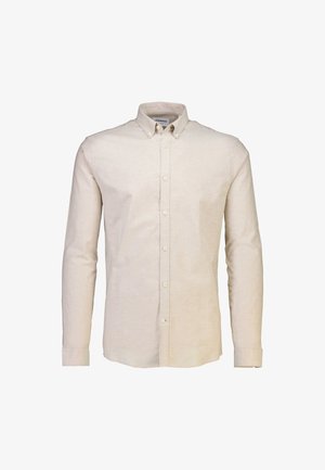 Lichtbeige, witte overhemd met lange mouwen in een zachte, gestructureerde stof, met een klassieke kraag en een knoopsluiting aan de voorkant. Minimalistisch ontwerp.