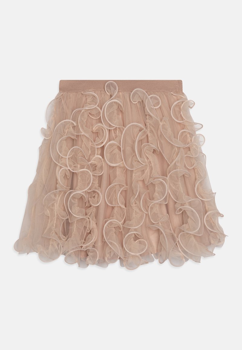 Jupe en tulle rose clair avec des détails en volants et des motifs ondulés, taille élastique, design superposé et finition transparente et texturée.