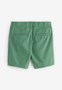 Shorts en coton vert avec une texture lisse, deux poches arrière et un design ajusté avec une coupe droite.