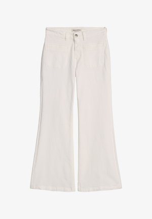 White wide-leg pants with front patch pockets, belt loops, and a labeled button closure at the waist.