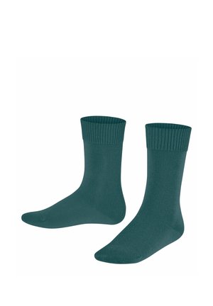 Türkisfarbene Socken mit einer gerippten Bündchen, gefertigt aus einem glatten Strickstoff. Sie haben eine Standard-Länge bis zur Mitte der Wade und eine verstärkte Spitze für erhöhte Haltbarkeit.
