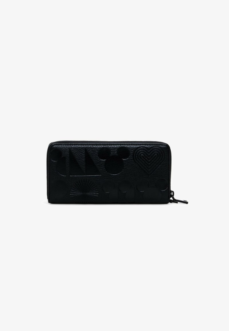 Black leather wallet featuring embossed patterns, including hearts, circles, sails, and rays. It has a zip closure and a textured finish.