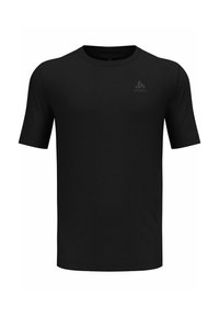 Schwarzes kurzärmeliges T-Shirt aus glattem Stoff; verfügt über einen runden Ausschnitt und ein dezentes Logo auf der oberen linken Seite.