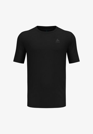 Schwarzes kurzärmeliges T-Shirt aus glattem Stoff; verfügt über einen runden Ausschnitt und ein dezentes Logo auf der oberen linken Seite.