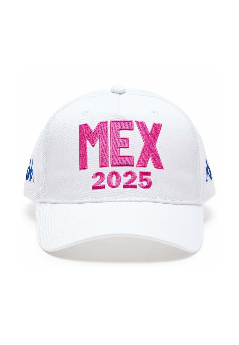 Cappello da baseball bianco con grande scritta ricamata in rosa "MEX 2025", con accenti blu sui lati e un design strutturato del pannello frontale.