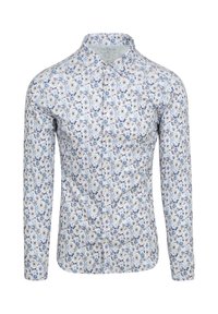 Langarm overhemd met een witte achtergrond en blauwe bloempatronen, klassieke kraag en een getailleerd ontwerp.