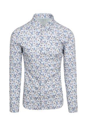 Langarm overhemd met een witte achtergrond en blauwe bloempatronen, klassieke kraag en een getailleerd ontwerp.