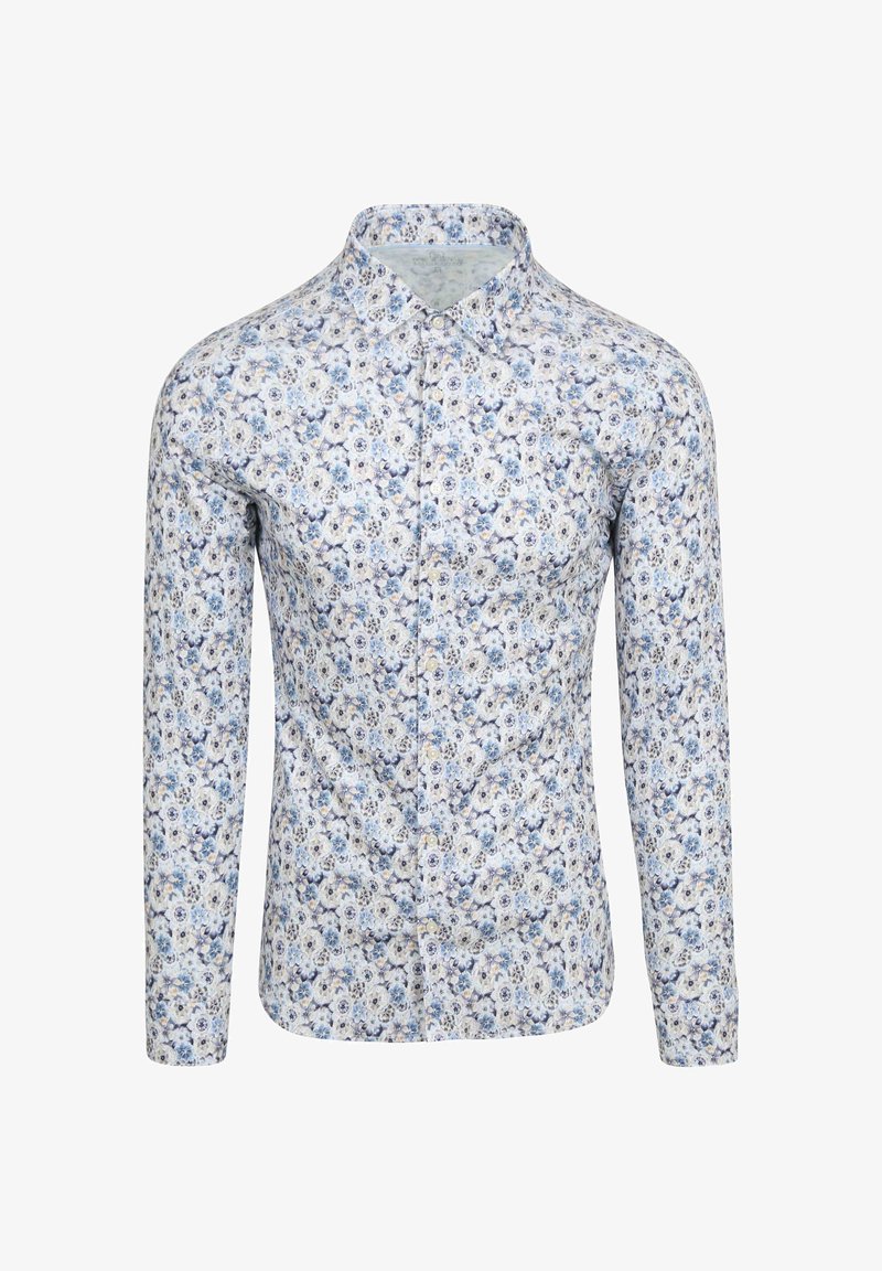 Langärmliges Hemd mit Knöpfen, das einen weißen Hintergrund mit blauen Blumenmustern, einen klassischen Kragen und ein tailliertes Design aufweist.