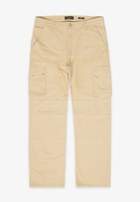 Pantalon cargo beige en coton, doté de plusieurs poches latérales, d'une fermeture à boutons et de détails cousus le long des jambes.