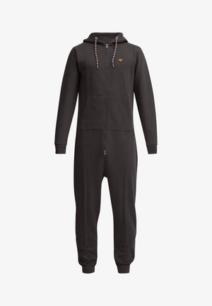 Sort zip-up heldragt lavet af blødt stof, med hætte, to forlommer, ribbede manchetter og dekorative snørebånd.