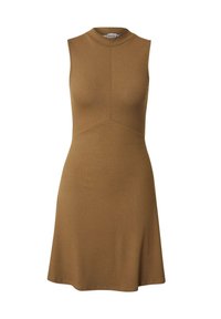 Braunes ärmelloses Kleid, gerippte Textur, hoher Halsausschnitt, tailliertes Oberteil, ausgestellt Rock, minimalistisches Design und keine sichtbaren Verschlüsse oder Akzente.