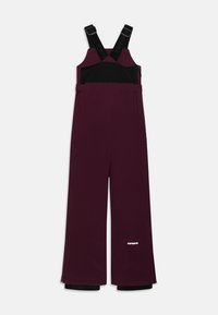 Bordeaux snøbukser med svarte stropper, vide ben, frontlommer med glidelås og elastiske mansjetter. Materialet er glatt med matt finish. Hvitt logodetalj.
