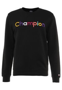 Černá mikina s vyšitým logem "Champion" v mnohobarevných písmenech. Elastické manžety a lem, design s kulatým výstřihem. Měkký materiál ze směsi bavlny.
