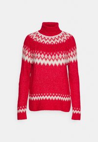 Red knitted sweater with a turtleneck, featuring a white geometric pattern across the chest and sleeves. Ribbed texture along cuffs and hem.
