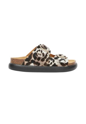 Leopard print slide sandals with two top straps, made of soft material, cork footbed, and a black rubber sole.