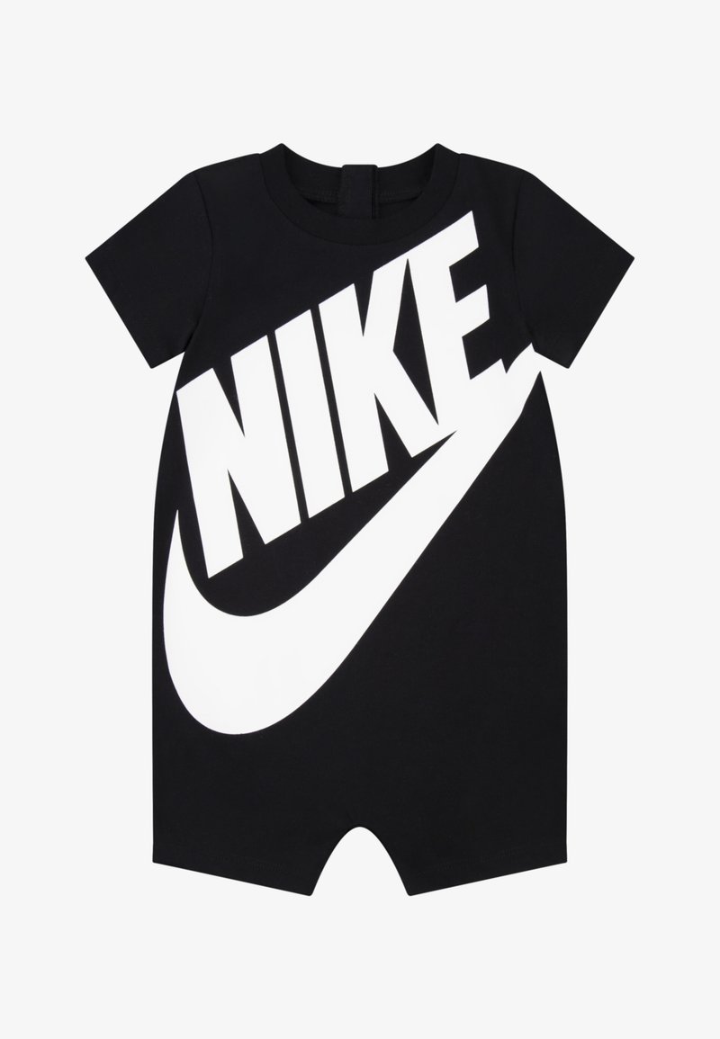 Body preto de manga curta feito de algodão, com um grande logótipo branco da Nike e gráfico do swoosh, apresentando um fecho de pressão no pescoço.