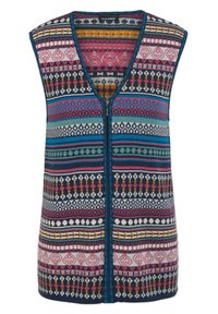 Multikleurige gebreide vest met V-hals, voorzien van geometrische patronen in roze, blauw, marineblauw en wit. Voorzien van een ritssluiting aan de voorkant.