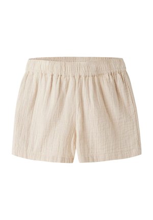 Beżowe, lekkie szorty bawełniane z elastycznym pasem i teksturowaną tkaniną, zaprojektowane dla codziennego komfortu.