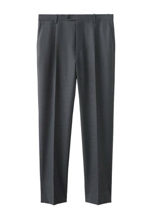 Pantaloni eleganti grigi, su misura, con una texture liscia, taglio dritto, pieghe frontali e chiusura con bottone singolo in vita.