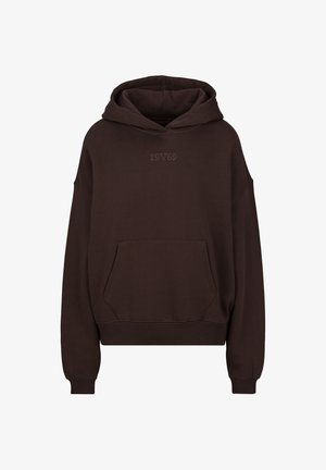 Donkerbruine hoodie met voorzak en subtiel gestikt "19V69" logo op de borst.