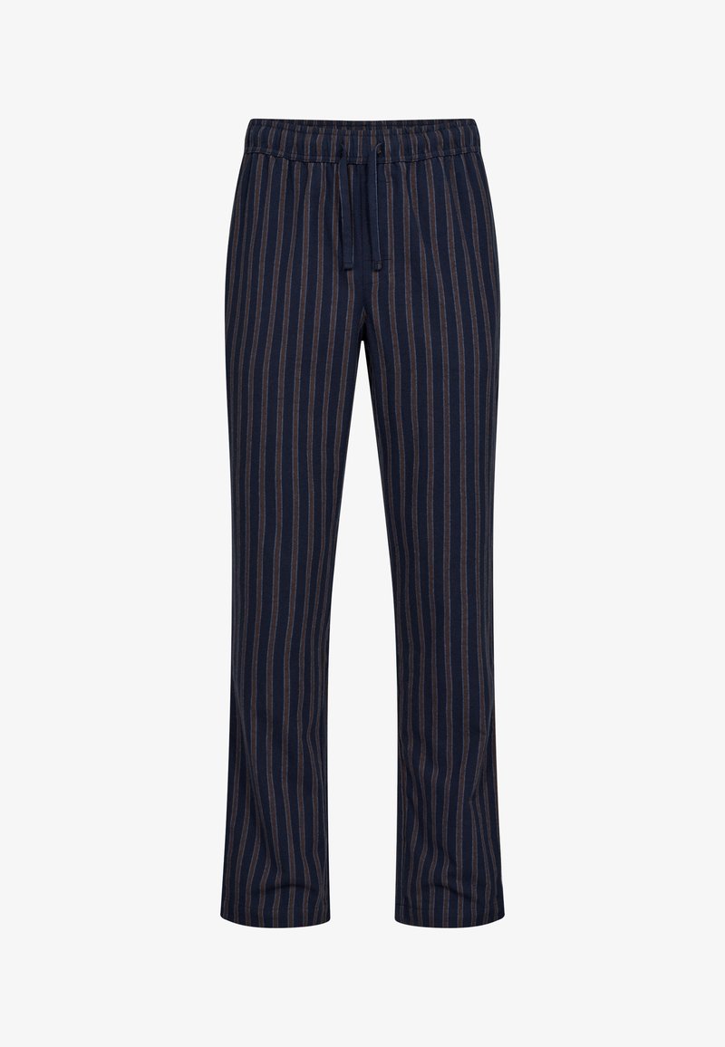 Marine-stribede bukser med elastisk talje og justerbar snor. Loddrette striber i mørkebrun og lysebrun; blødt bomuldsstof.