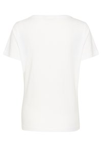 Valge lühikeste varrukatega T-särk, millel on lõdvestatud lõige, ümar kaelus ja sile puuvillane kangas. Tagantvaade ei näita mingeid mustreid ega aktsente.