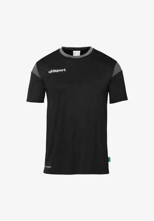 Sort sportst-shirt med korte ærmer og grå detaljer, rund hals, lavet af fugttransporterende stof, med "uhlsport" logoet på brystet.