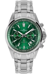 Orologio cronografo in acciaio inossidabile con quadrante verde, dettagli argentati, tre sottoquadranti e bracciale a maglie con motivo. Include una finestra per la data.