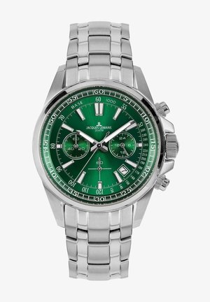 Edelstahl-Chronographenuhr mit grünem Ziffernblatt, silbernen Akzenten, drei Unterzifferblättern und einem gemusterten Gliederarmband. Verfügt über ein Datumsfenster.