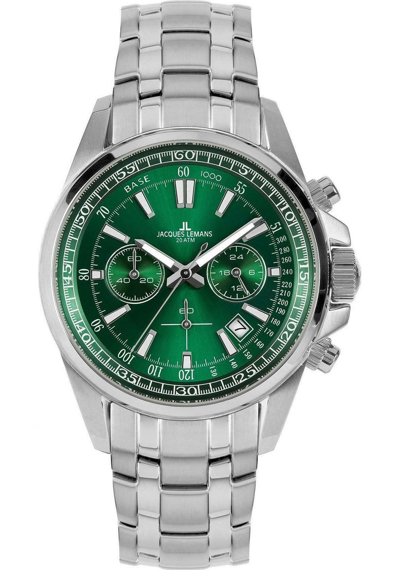 Orologio cronografo in acciaio inossidabile con quadrante verde, dettagli argentati, tre sottoquadranti e bracciale a maglie con motivo. Include una finestra per la data.