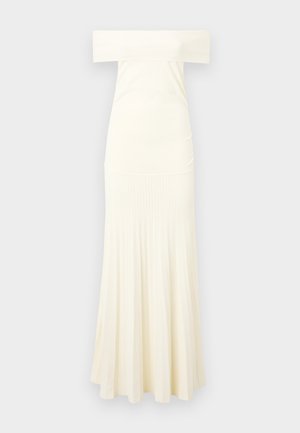 Off-the-shoulder, form-fitting dress in off-white, featuring a ribbed texture at the bottom with a flared silhouette.