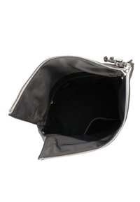 Dark grey nylon handbag with a top zip closure, featuring a smooth interior and a single pocket along the side, no visible external patterns.