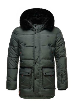 Dunkelgrüne Steppjacke mit einer Kapuze aus schwarzem Kunstpelz, ausgestattet mit mehreren Taschen, Knopfverschluss und gestepptem Design.