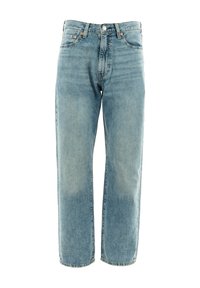 Jeans in denim blu chiaro con taglio dritto, cinque tasche, chiusura con bottone e leggera scoloritura per un aspetto usurato. Nessun motivo o accento visibile.