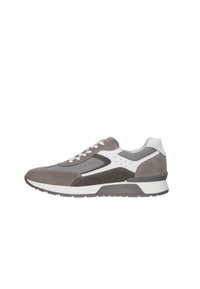 Sneaker grigia in suede e mesh con dettagli bianchi, design con lacci e suola bianca spessa. Presenta dettagli perforati lungo il lato.
