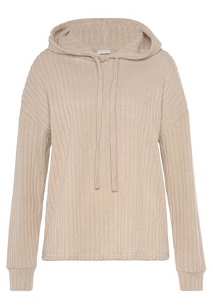 Sweat à capuche en maille côtelée beige, manches longues, capuche avec cordon de serrage et coupe décontractée.
