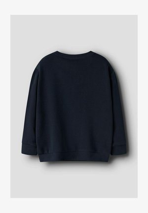 Ciemnogranatowa bluza z okrągłym dekoltem i długimi rękawami. Prążkowane mankiety i dół. Gładka faktura, minimalistyczny design, brak widocznych logo.