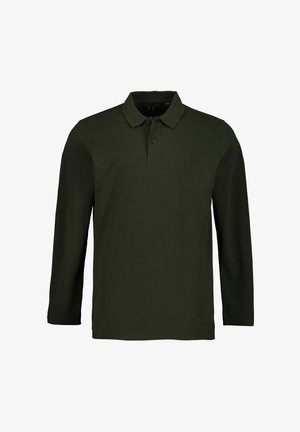 Camisa polo de manga larga en algodón de color verde oscuro. Cuenta con un cuello clásico, tapeta de tres botones y un corte relajado sin estampados.