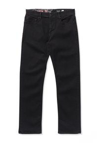 Jean en denim noir avec une coupe droite, des coutures rouges contrastantes, cinq poches et une ceinture intérieure à motif.