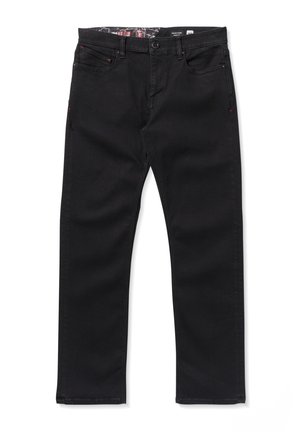Jean en denim noir avec une coupe droite, des coutures rouges contrastantes, cinq poches et une ceinture intérieure à motif.