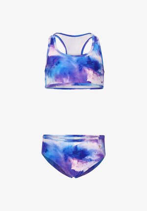 Costume da bagno a due pezzi con motivo tie-dye blu e viola, caratterizzato da un top corto stile racerback e slip abbinati a vita media.